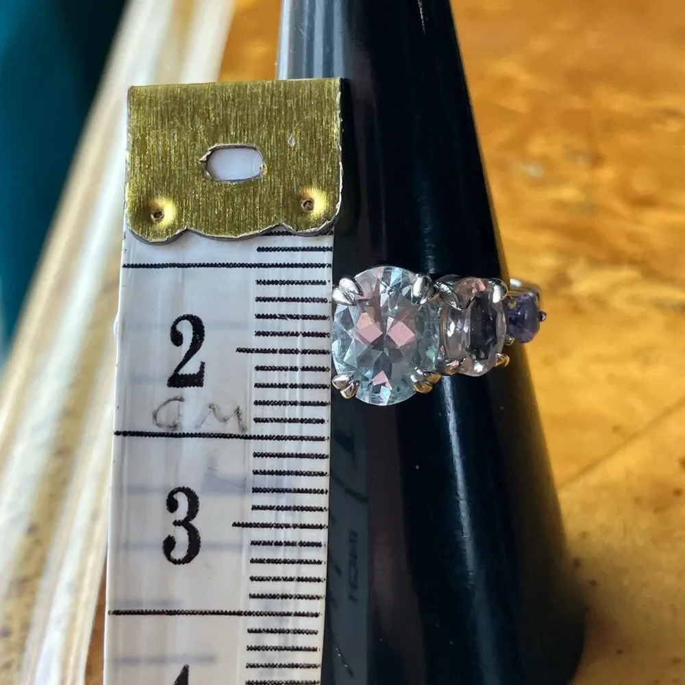 Natural Aquamarine Tanzanite Morganite Sterling Silver Ring Size 7